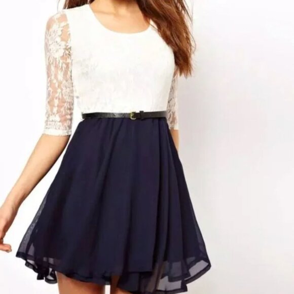 Women's White Navy Lace Chiffon Mini Dress Prom Fit and Flare Dresses - Picture 2 of 9